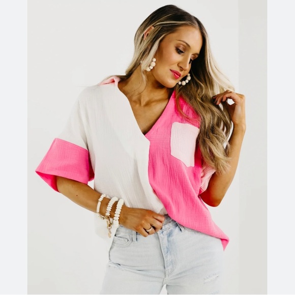MOD BOUTIQUE The Melissa pink color block gauze top - Picture 1 of 4
